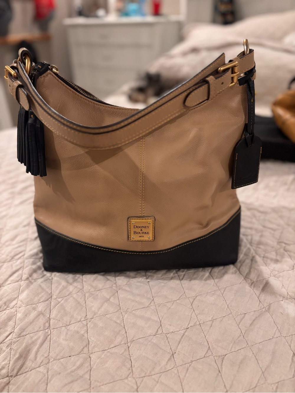 Dooney & Bourke Tan and Black Two-Tone Leather Shoulder Hobo
